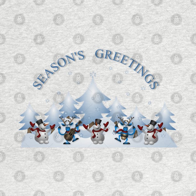 Season's Greetings Winter Scene with Snowmen and Reindeer by Jarecrow 